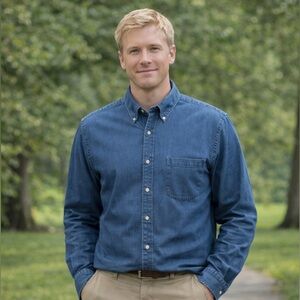 Lands' End Men's Casual Blue Button Down denim Shirt, size Large 16-16 1/2 neck